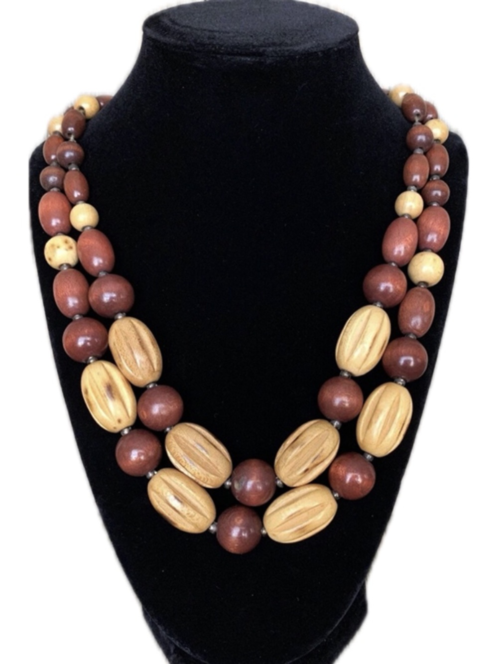 VTG West Germany 2-Strand Chunky Burgundy & Natural Wood Barrel Beaded Necklace